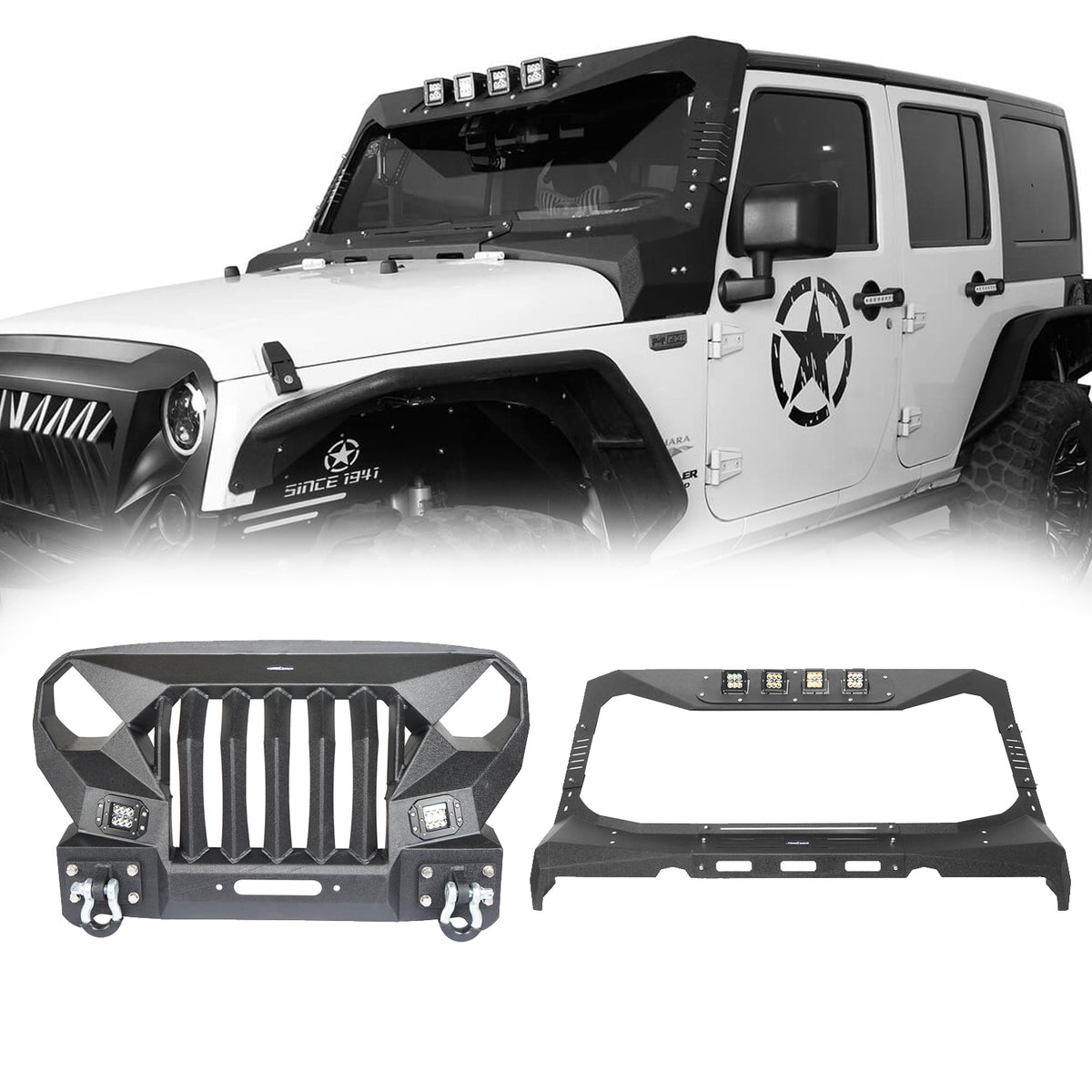 Mad Max Front Bumper w/Steel Grille Guard & Windshield Frame Cover(07-18  Jeep Wrangler JK) - u-Box